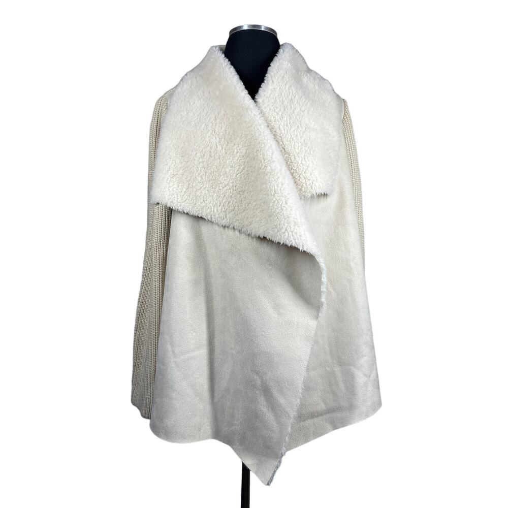 John + Jenn Sienna Faux Shearling Fur Open Cardigan Knit Drapey Tan Faux Suede L